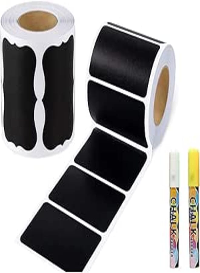 DELFINO Chalkboard Labels, 300Pcs Chalkboard Labels, Waterproof Reusable Blackboard Stickers with 2 Liquid Chalk Makers (White+Yellow), Removable Label Stickers for Home and Office Pantry Label